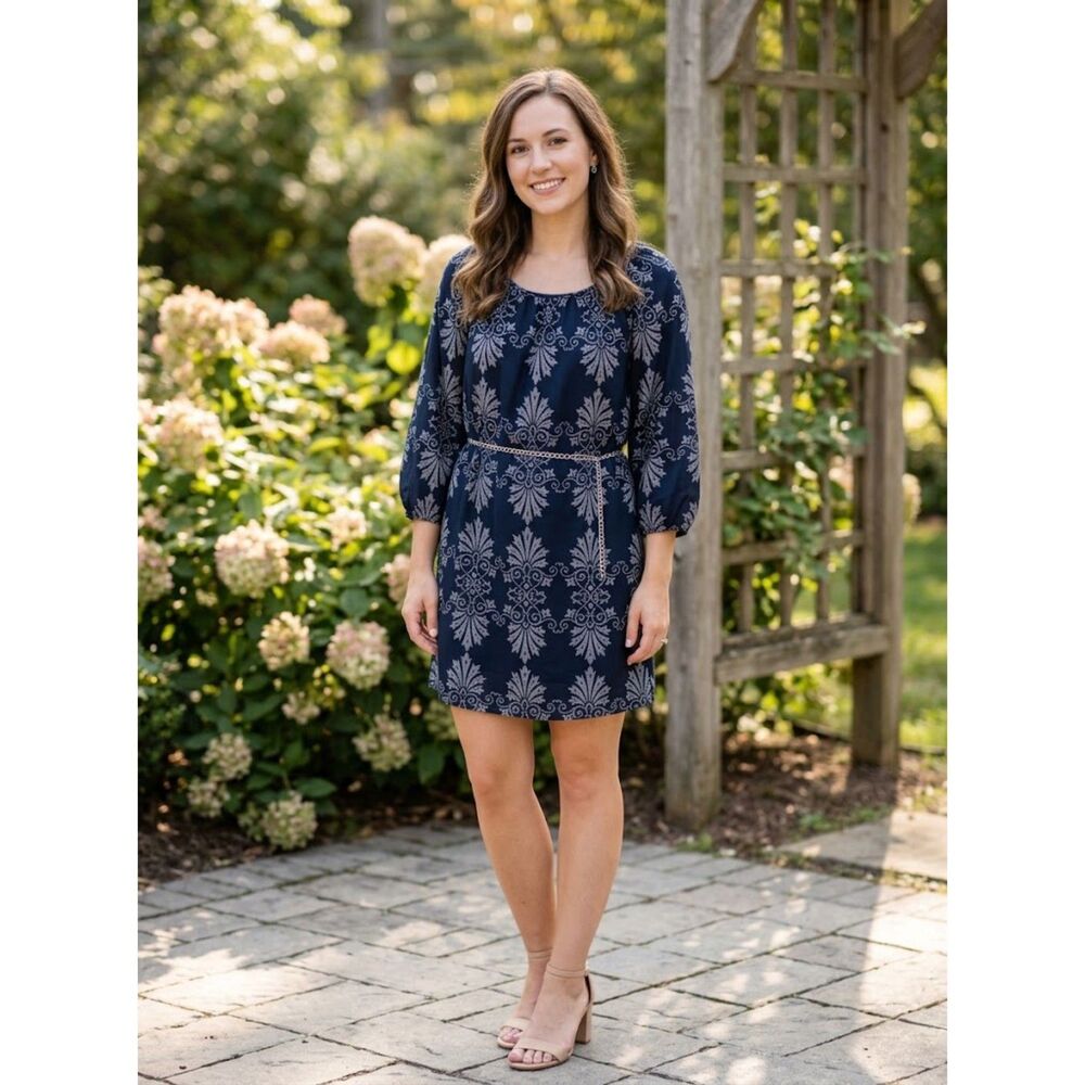 Forever 21 Navy Damask 3/4 Sleeve Mini Dress Size Small